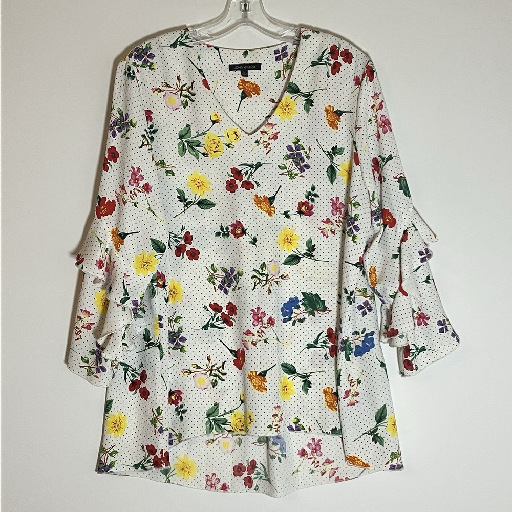 John Mark Top Womens Large Multicolor Floral Dot Ruffle Sleeve V Hi Low Artsy L